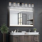 SineRise 7-Light Black and Gold Vanity Light with 3 Color Modes (3000K/4000K/6000K), Eye Protection LED Bathroom Light Fixture, Dimmable Modern Wall Light Over Mirror with Clear Glass Shade