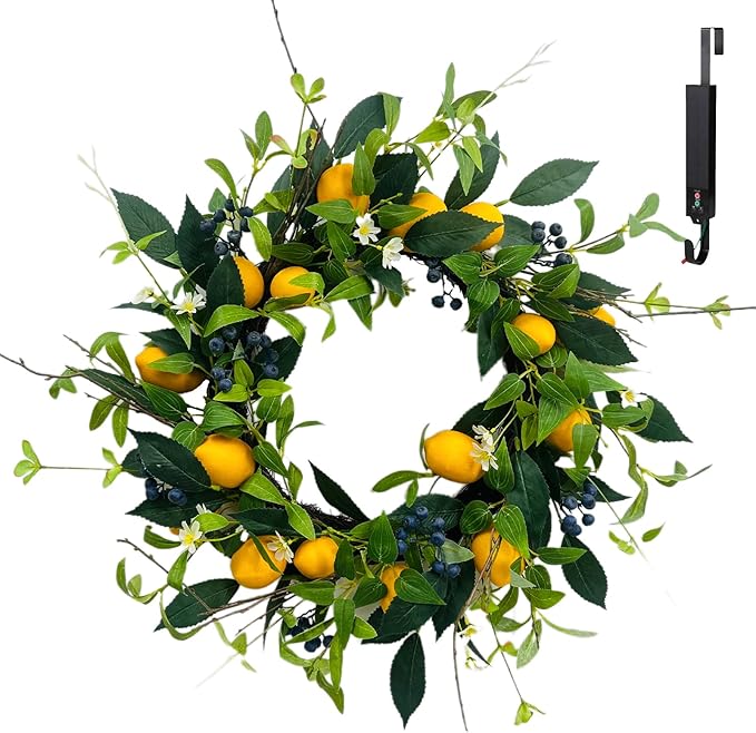 Solar Spring Wreath 24inchWreath for Front Door Artificial Pre-lit 50LED Spring Decorations for Outside Yellow Lemon Summer Decor Wreath for Wall Festival Holiday Farmhouse Decor(2407)