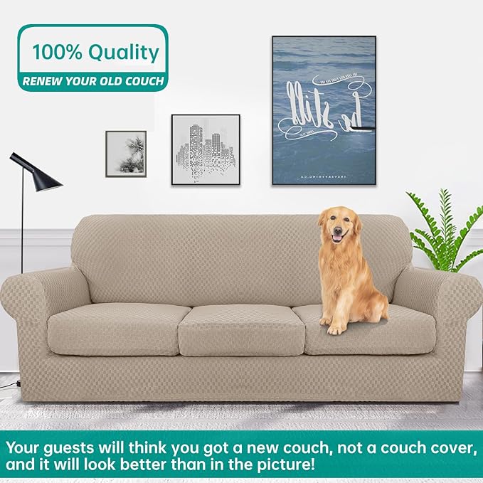 YEMYHOM Latest Checkered 4 Pieces Couch Covers for 3 Cushion Couch High Stretch Thickened Sofa Cover for Dogs Pets Elastic Slipcovers Living Room Furniture Protector (Khaki), 71"-91"(3 Cushions)