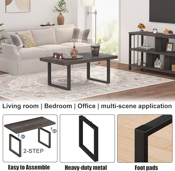 IBF Rustic Coffee Table, Wood and Metal Simple Industrial Modern Center Table, Minimalist Rectangle Wooden Farmhouse Cocktail Table for Living Room, Dark Gray Oak, 47 Inch