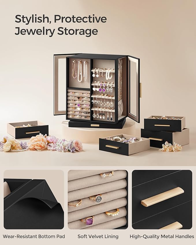 SONGMICS Jewelry Box 360°Rotating, Jewelry Storage Case with 5 Drawers, Jewelry Organizer, Glass Window, Spacious, Vertical Jewelry Storage, Open Design, Great Gift, Graphite Black UJBC170B01