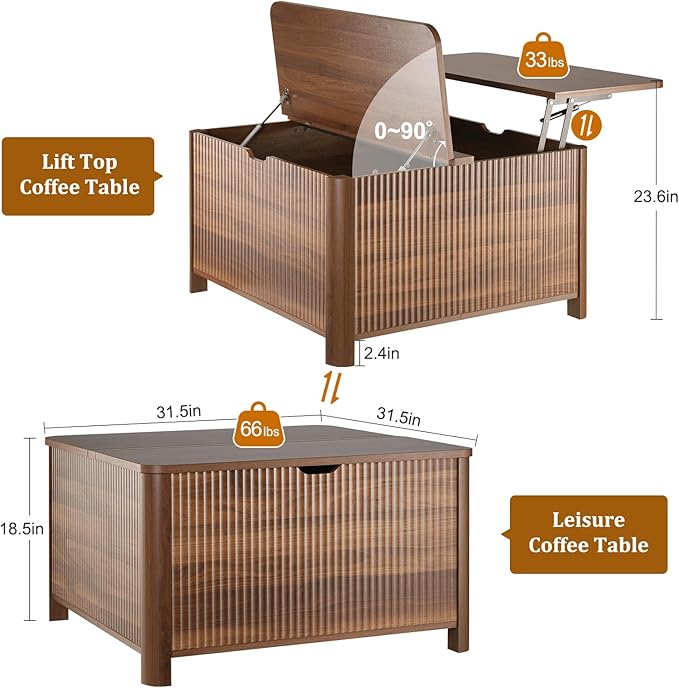 LYNCOHOME 31.5" Fluted Lift Top Coffee Table with Storage, Square Coffee Tables for Living Room, Coffee Table with Large Hidden Storage Compartment and Adjustable Shelves，Walnut