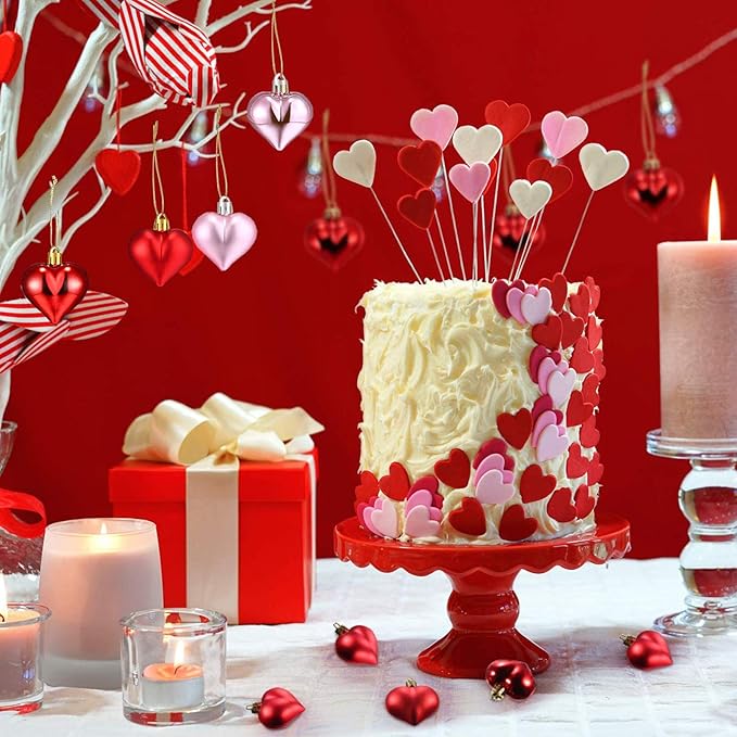 24 Pieces Heart Shaped Ornaments Valentine's Day Heart Ornaments for Valentine's Day, Hearts Baubles Decorations for Valentines Wedding Anniversary Home Party Decor(Red, Pink)