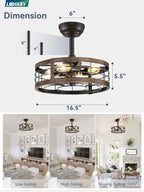 LEDIARY 16.5 Inch Caged Ceiling Fan with Light, Fandelier Farmhouse Ceiling Fan with Remote, Small Bladeless Fan Lights Ceiling Fixtures for Kitchen, Bedroom, Outdoor-Black and Gold