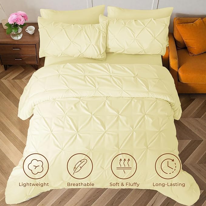 Sasttie Queen Comforter Set, 7-Piece Bed in a Bag, Pintuck Bedding Sets for All Season, Includes Comforter, Flat Sheet, Fitted Sheet, Pillowcases and Pillowshams, Cream Yellow