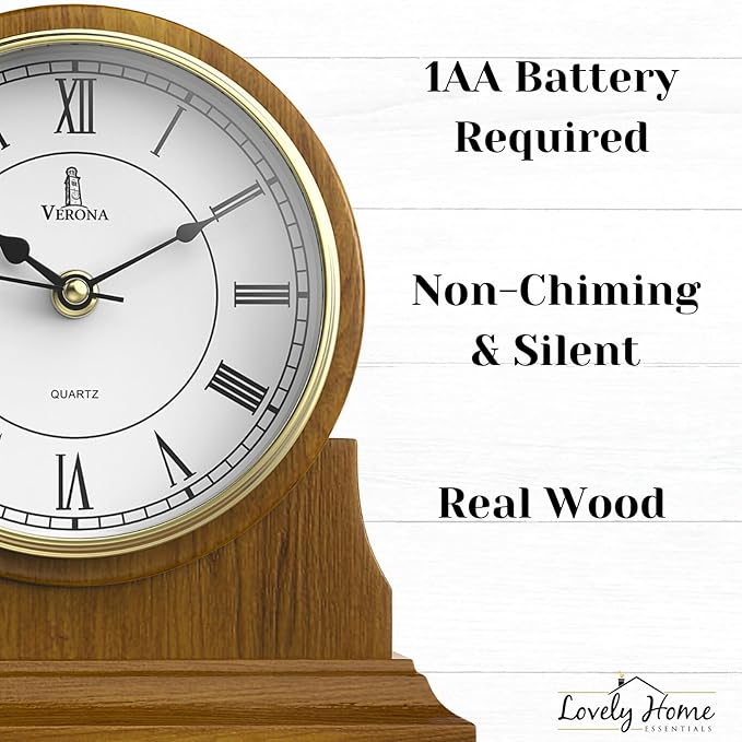 Mantel Clock for Living Room - Decorative Wood Mantle Clock Battery Operated - Silent Wooden Mantle Clock for Living Room Decor Above Fireplace Mantel, Office, Table, Shelf & Home Décor Gift 9x8.5
