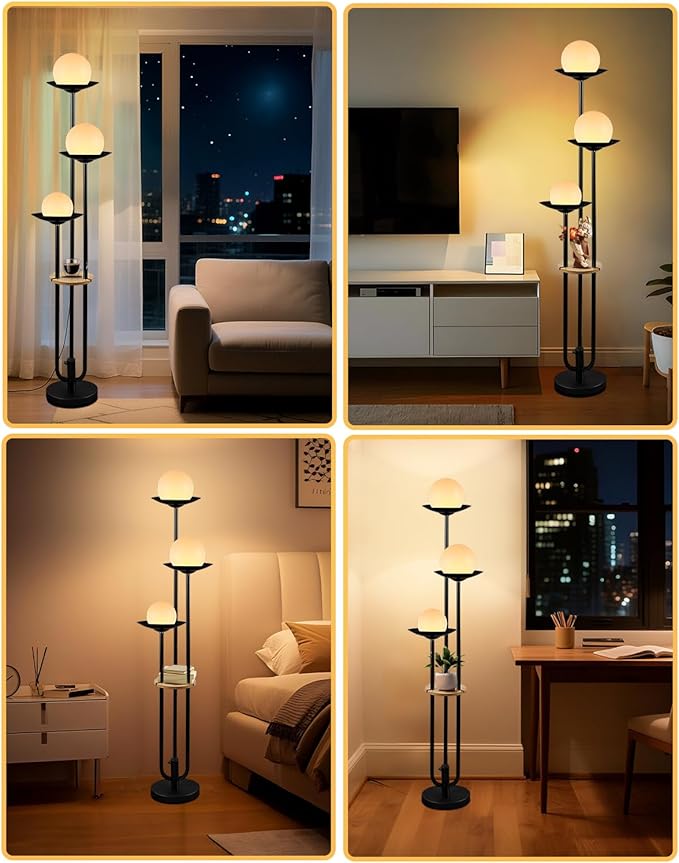 Lightdot Globe Floor Lamp with Shelf 3-Lights Modern Dimmable Floor Lamps for Wedding/Party, 3000K Warm White Bulbs Included, Black Tall Standing Lamp for Living Room/Bedroom/Sofa Beside/Corner Decor