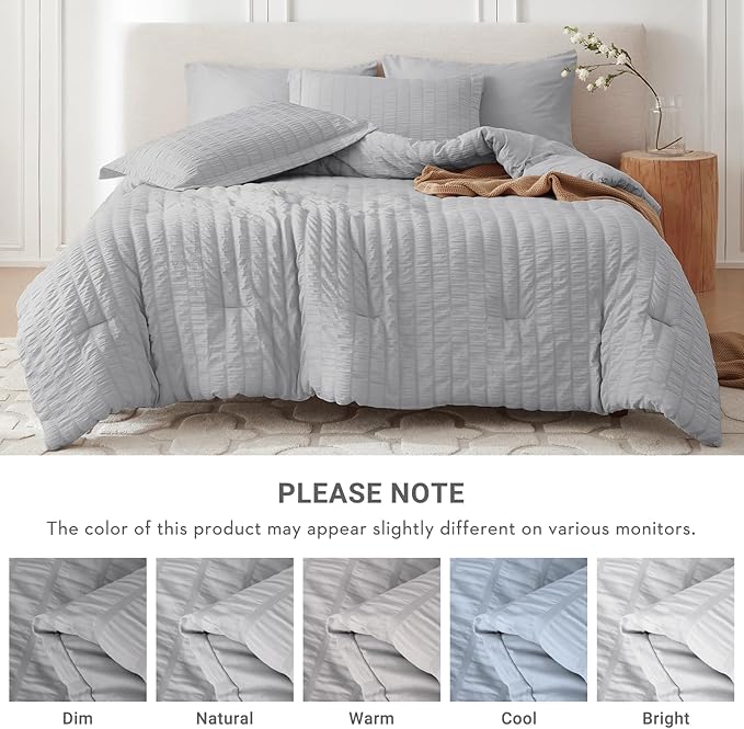 MUXHOMO 7 Pieces King Comforter Set, Seersucker Bed in a Bag King Size, All Season Luxury Bedding Set with Comforter, Flat Sheet, Fitted Sheet, Pillowcases & Shams, Light Grey