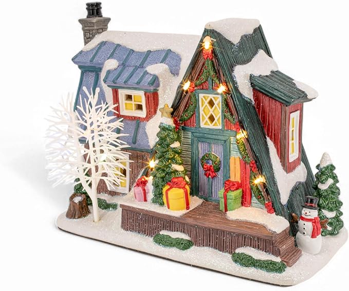 Country Log Cabin Porcelain Christmas Village with LED Lights