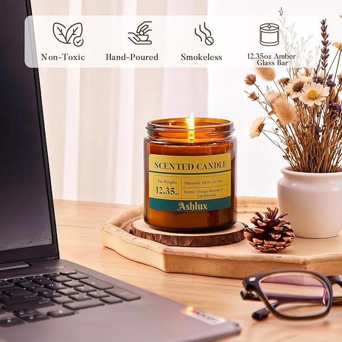 Orange Blossom and Sandalwood Candle,12.35oz Scented Candles with 8% Essential Oils,70 Hour Burn Time Soy Wax Candles for Home Decor,Reading,Jar Candle Gifts for Women and Men