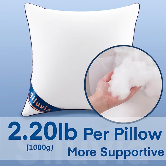 Siluvia 22"x22" Pillow Insert Set of 2 Square Throw 22 Pillows with 100% Cotton Cover for Sofa, Couch, and Bed - White