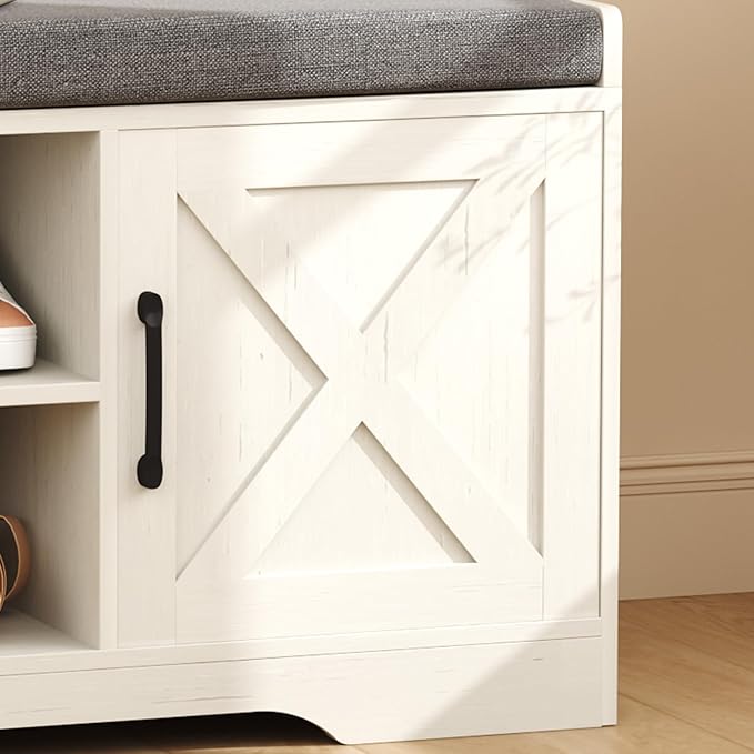HOMEFORT 2-Tier Shoe Storage Bench with Padded Cushion Seat, Entryway Bench with Adjustable Shelf and Barn Door, 27.6" Farmhouse Shoe Rack Cabinet Bench, 300 lbs Capacity, for Bedroom, Antique White