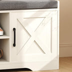 HOMEFORT 2-Tier Shoe Storage Bench with Padded Cushion Seat, Entryway Bench with Adjustable Shelf and Barn Door, 27.6" Farmhouse Shoe Rack Cabinet Bench, 300 lbs Capacity, for Bedroom, Antique White