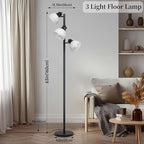 63" Modern 3-Head Adjustable Floor Lamp, Standing Lamp with Glass Shades for Living Room, Bedroom & Office,3x9W E26 LED Bulbs Included, Weighted Base