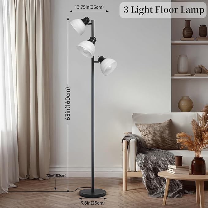 63" Modern 3-Head Adjustable Floor Lamp, Standing Lamp with Glass Shades for Living Room, Bedroom & Office,3x9W E26 LED Bulbs Included, Weighted Base