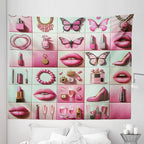 Ambesonne Pink Tapestry King Size, Squares of Feminine Fashion Lipstick Butterfly Makeup Glam Kisses Concepts, Wall Hanging Bedspread Bed Cover Wall Decor, 104" X 88", Pale Mint Green