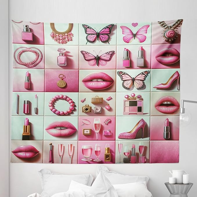 Ambesonne Pink Tapestry King Size, Squares of Feminine Fashion Lipstick Butterfly Makeup Glam Kisses Concepts, Wall Hanging Bedspread Bed Cover Wall Decor, 104" X 88", Pale Mint Green