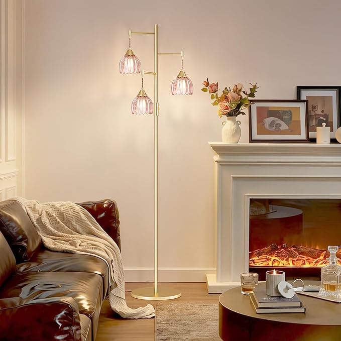 Dimmable Floor Lamp for Living Room, Bedroom, Gold Standing Lamp with 3pcs 6W Bulbs, Vintage Brass Floor Lamps for Corner, Nursery (Pink Tulip)