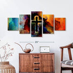 Elephant Stock Colorful Cross Wall Art Multi Piece Canvas - 5 Panel Christian Pictures Decor - Digital Design Canvas Print - Christian Wall Decor - 36" X 15"