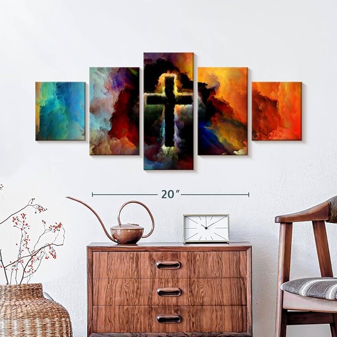 Elephant Stock Colorful Cross Wall Art Multi Piece Canvas - 5 Panel Christian Pictures Decor - Digital Design Canvas Print - Christian Wall Decor - 36" X 15"