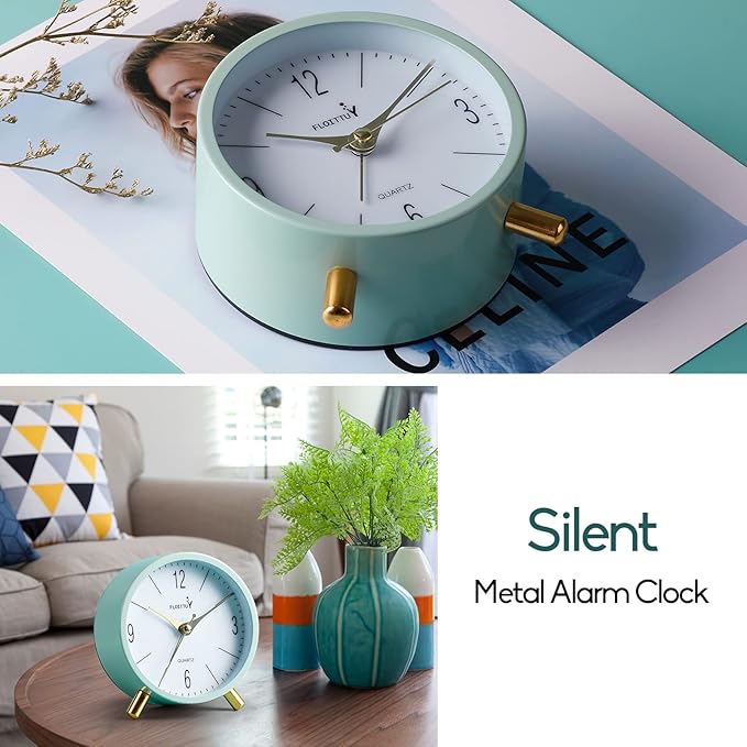 4 inches Super Silent Alarm Clock, Cream Green Beep Wake Round Alarm Clock with Night Light,Battery Operated,Easy Set Entry Lux Stylefor Desk, Bedroom and Home Decoration