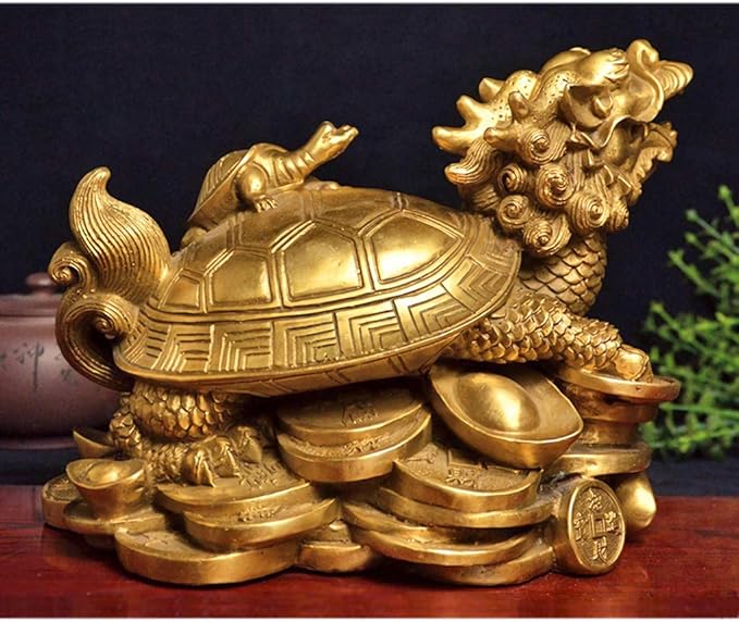 Amperer Feng Shui Brass Dragon Turtle Statue Wealth Prosperity Sculpture with Set of 5 Lucky Charm Ancient Coins on Red String Best Housewarming Congratulatory Gift Home Decor (C2 Dragon Turtle)