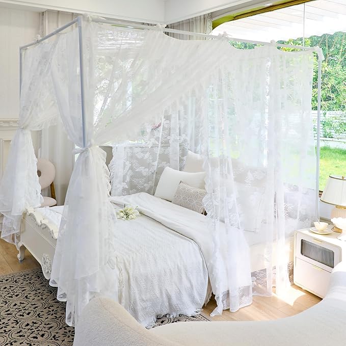 AIKASY Elegant Lace Princess 4-Poster Bed Canopy Mosquito Net - Romantic Wedding Bridal Bedroom Decor, Kids Room Bed Curtain for Women Adults - (White-4,King)