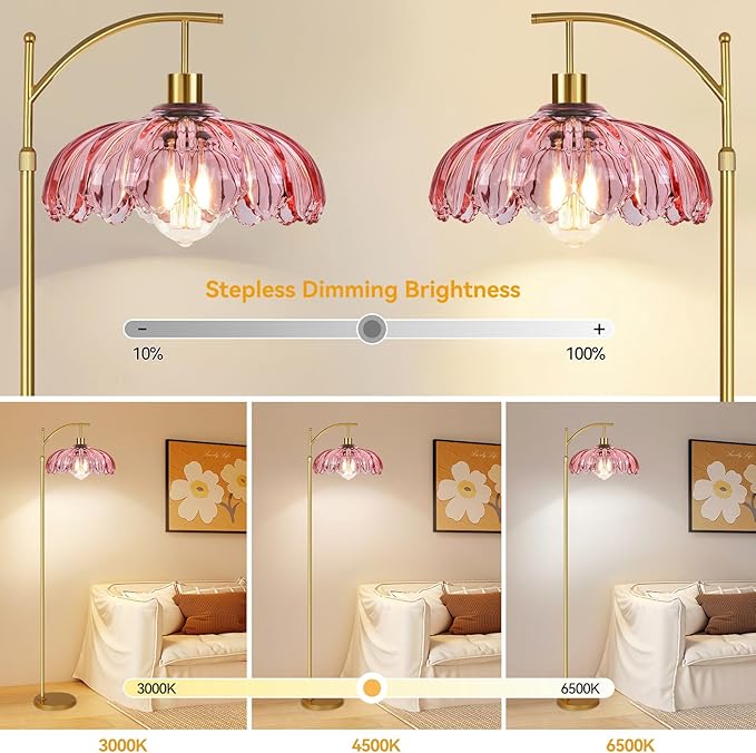 Pink Floor Lamp for Living Room,Bedroom,Gold Dimmable Standing Lamp with Remote,Mid Century Modern Brass Tall Lamp Boho Floor Lamps Arc Stained Glass Flower Floor Light Lamp Girls kids Bohemian