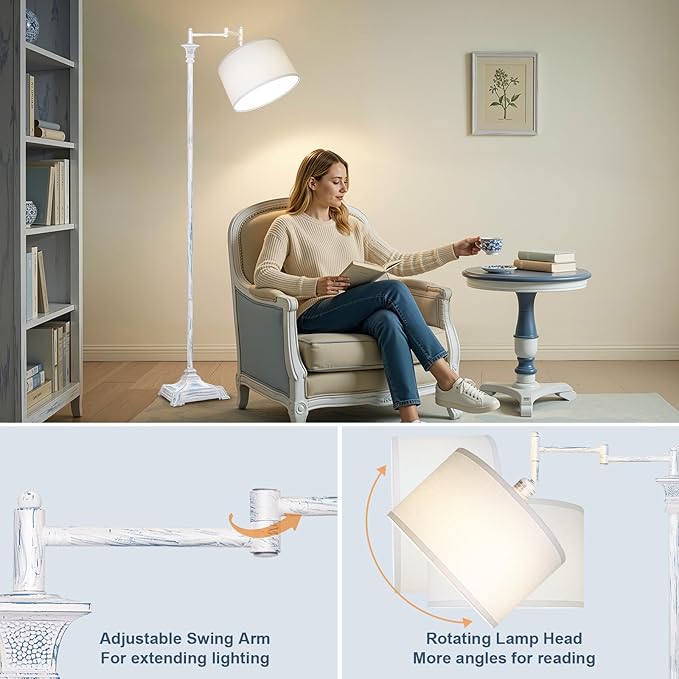 Scenekoy Rustic 68″ Tall Floor Lamp for Living Room Bedroom, Washed Blue Finish, Remote Control, 350º Adjustable Swing Arm, Smart LED Standing Lamp with Linen Shade, Decor for House Home Office