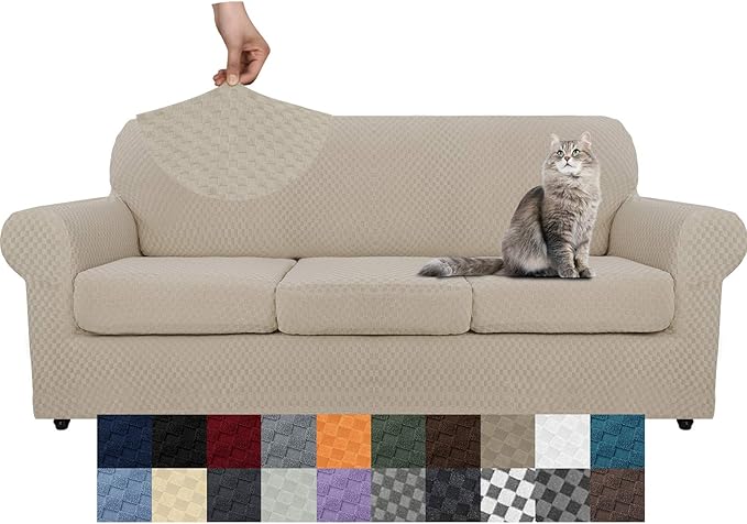 YEMYHOM Latest Checkered 4 Pieces Couch Covers for 3 Cushion Couch High Stretch Thickened Sofa Cover for Dogs Pets Elastic Slipcovers Living Room Furniture Protector (Khaki), 71"-91"(3 Cushions)