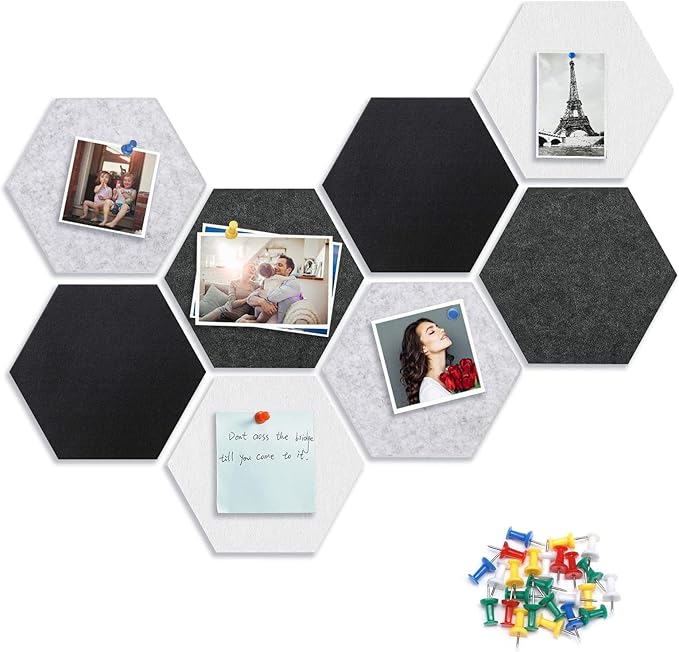 8 Packs Black White Gray Hexagon Felt Pin Board, 12" Bulletin Board with 30 Push Pins, Felt Board for Home Kitchen Office Decor, Self-Adhesive Corkboard Tiles for Walls School Message Photos Memos