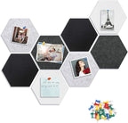 8 Packs Black White Gray Hexagon Felt Pin Board, 12" Bulletin Board with 30 Push Pins, Felt Board for Home Kitchen Office Decor, Self-Adhesive Corkboard Tiles for Walls School Message Photos Memos
