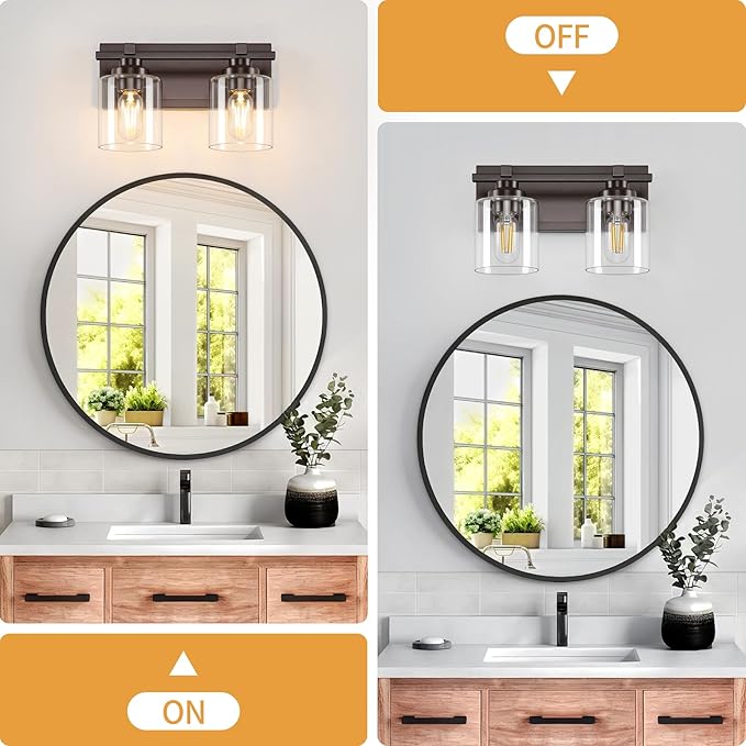 2 Light Modern Bathroom Light Fixtures Over Mirror, Bronze Finish Vanity Lights for Bathroom Wall Sconces with Clear Glass Shades, E26 Socket (Bulbs Not Included)