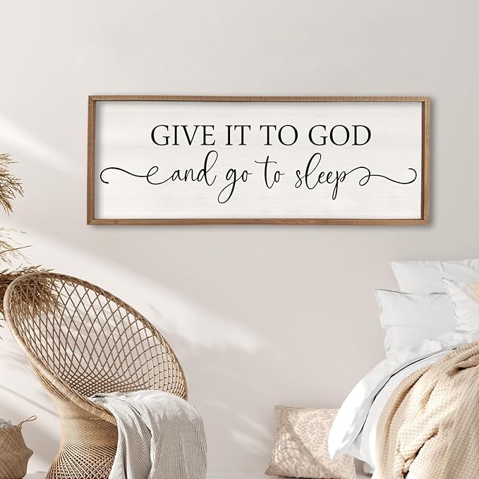 Surfapans Give It To God And Go To Sleep Sign Wall Decor 32"x12" ofr Master Bedroom Guest Room Wood Rustic Framed Wall Art Sign (Wood White)