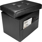 Ottoman with Storage Foot Stool - 17 Inches Folding Storage Ottomans, Leather Upholstered Ottoman Foot Rest with Side Pockets, Suitable for Living Room, Bedroom, Cafe