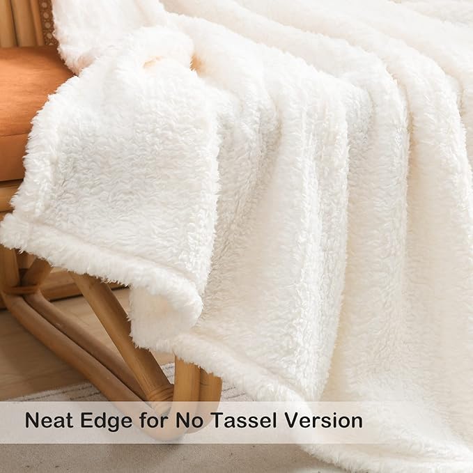Ultra Soft Fleece Sherpa Blanket Queen Size, Lightweight Cozy Pattern Reversible Bed Blanket for All Season, Antique White, 90”x90”