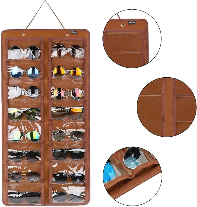 AROUY Sunglasses Organizer Storage, Hanging Dust Proof Wall Pocket Glasses Organizer - 16 Felt Slots Sunglass Organizers Holder with Metal Hook and Sturdy Rope (Brown, Dust Proof)
