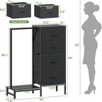 Dresser with Hanging Rack, 4 Drawers Small Closet for Bedroom, Reversible Fabric Kids Chest of Drawers with Clothes Rack, Tall Storage Tower, Sturdy Frame, Black, 44''H