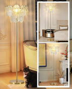 Gold Glass Floor Lamp, 63" Modern Vintage Standing Lamp with Imitation Pearl Decoration, Double-Layer Figured Glass shade, Elegant Brass Standing Floor Lamps for Living Room, Bedroom, Bulb Included