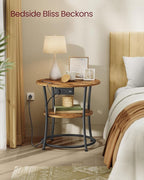 VASAGLE 21.7-Inch Round Side Table, 2-Tier End Table with Power Outlets, Nightstand with Steel Frame, Spacious Top, for Small Spaces, Living Room, Bedroom, Rustic Brown and Ink Black ULET077K01