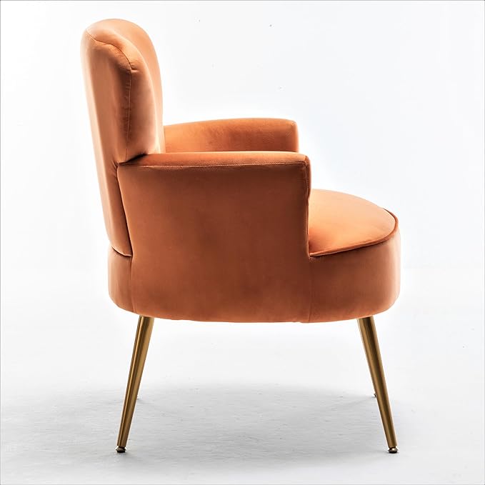 Trendy Velvet Accent Chair with Gold Metal Legs, Upholstered Armchair for Small to Mid-Size Spaces, Modern Living Room, Bedroom, Vanity Desk and Entryway, Red Orange