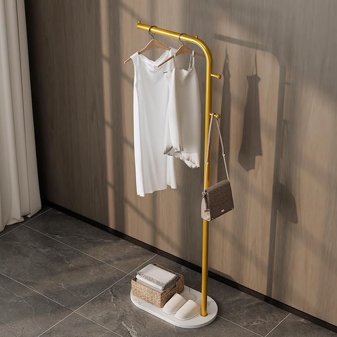 Gold clothing rack for small Spaces,Modern clothes racks for hanging clothes,7-shaped coat rack Freestanding with Marble Base and 2 Hooks coat hanger stand for Jackets, Coats, Hats (gold)