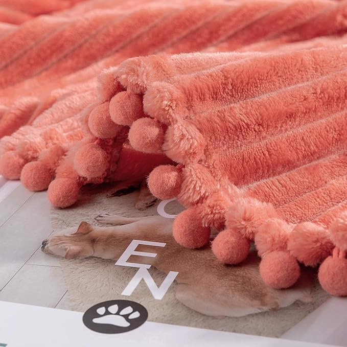 DISSA Fleece Blanket Queen Size – 90x90, Coral - Soft, Plush, Fluffy, Fuzzy, Warm, Cozy – Perfect Throw for Couch, Bed, Sofa - with Pompom Fringe - Flannel Blanket