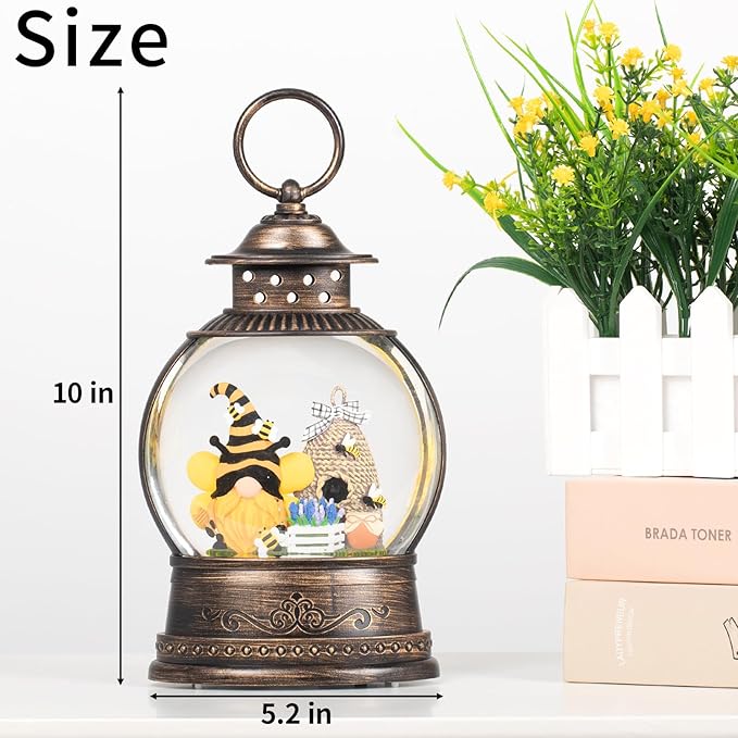 Bee Hive Decor Spring Bee Gnome Light Up Snow Globe 6H Timer Honey Bee Decorations for Spring Decor,Home Shelf Decor,Battery Operated & USB Operated