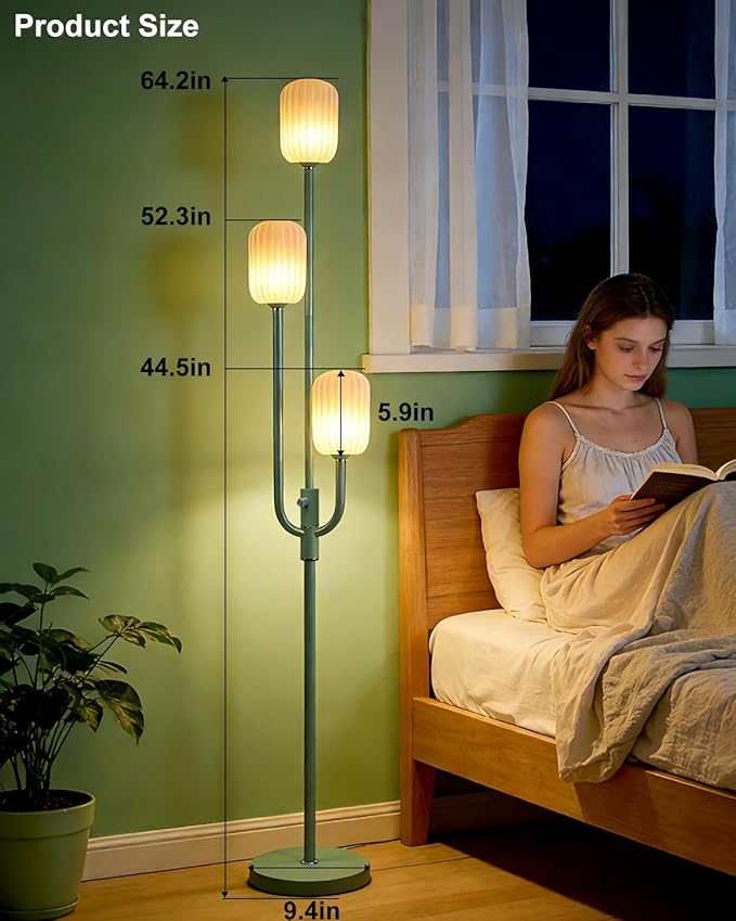 Lightdot 66IN Dimmable Floor Lamp 3-Lights Vintage Green Floor Lamps with Cylindrical Shade& Bulbs Included for Wedding/Party Modern Tall Standing Lamp for Living Room/Bedroom/Sofa Beside/Corner Decor