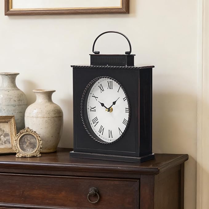 MODE HOME Vintage Mantel Clock, Large Rustic Distressed Metal Table Clock with Handle, Silent Non-Ticking Quartz Movement, Antique Brown Fireplace Shelf Desk Clock for Living Room Bedroom Office