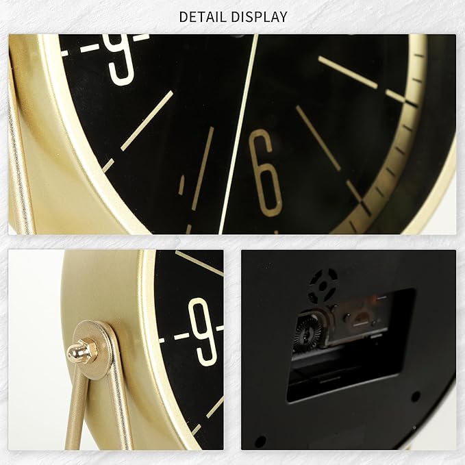QIYAODECO® Vintage Metal Desk Clock for Bedroom, with Adjustable Angle Ticking Small Battery Operated Mantel Bedside Clock, Decorative Table Old Fashioned Style Black Decor Adult Kid Gift,Gold Black