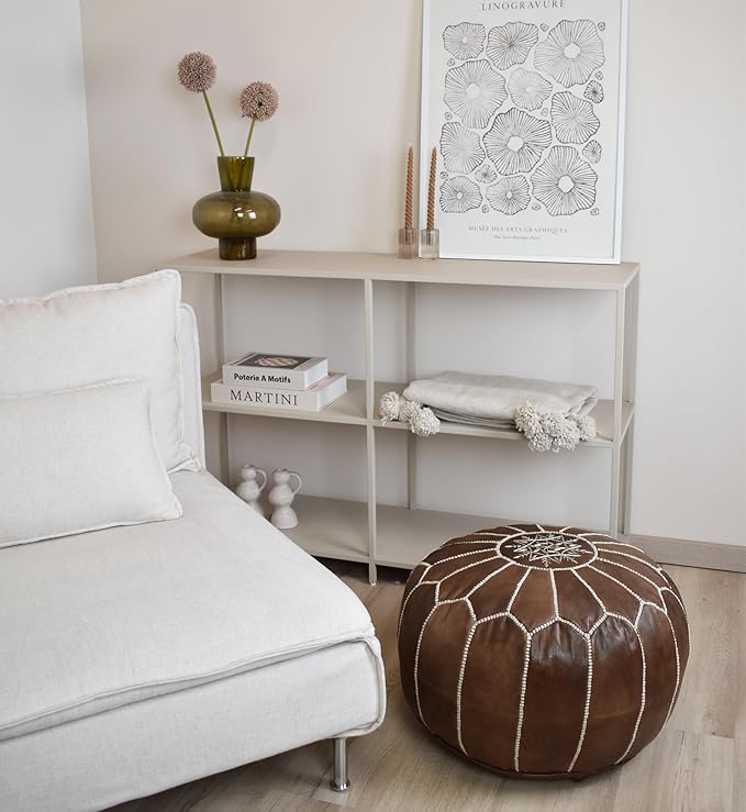 Poufs&Pillows Premium Moroccan Leather Pouf - Handmade - Delivered Stuffed - Ottoman, Footstool, Floor Cushion (Wood Brown)