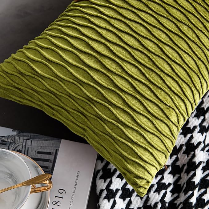12x20 Moss Green Throw Pillow Cases: 2 Pack Original Striped Velvet Rectangular Decorative Pillow Covers for Farmhouse Couch