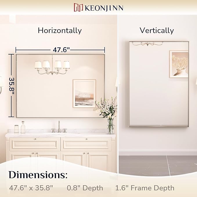 Keonjinn 48 x 36 In Brushed Nickel Bathroom Mirror, Rectangular Metal Framed Wall Vanity Mirror for Over Sink Square Corner Aluminum Alloy Modern Farmhouse Rectangle Silver Mirror(Horizontal/Vertical)